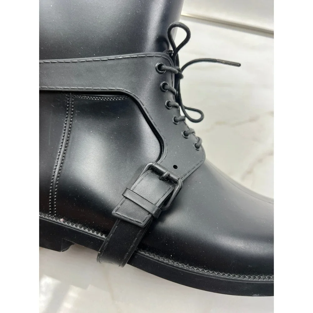 GIVENCHY Rain Boots Womens Sz 10 Tall Black Rubber Wellies Made in Italy Lace Up
